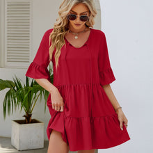 Carregar imagem no visualizador da galeria, Women's Fashionable Pleated Ruffled Short Sleeve Lace-up Dress
