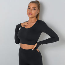Carregar imagem no visualizador da galeria, Women's Tight High Elastic Sports Low Collar Seamless Tight-fitting Solid Color Long Sleeve T-shirt