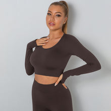 Carregar imagem no visualizador da galeria, Women's Tight High Elastic Sports Low Collar Seamless Tight-fitting Solid Color Long Sleeve T-shirt