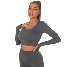 Carregar imagem no visualizador da galeria, Women's Tight High Elastic Sports Low Collar Seamless Tight-fitting Solid Color Long Sleeve T-shirt