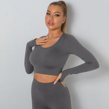 Carregar imagem no visualizador da galeria, Women's Tight High Elastic Sports Low Collar Seamless Tight-fitting Solid Color Long Sleeve T-shirt