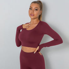 Carregar imagem no visualizador da galeria, Women's Tight High Elastic Sports Low Collar Seamless Tight-fitting Solid Color Long Sleeve T-shirt