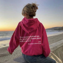 Carregar imagem no visualizador da galeria, Dear Person Behind Me,the World Is A Better Place,with You In It,love,the Person In Front Of You,Women's Plush Letter Printed Kangaroo Pocket Drawstring Printed Hoodie Unisex Trendy Hoodies