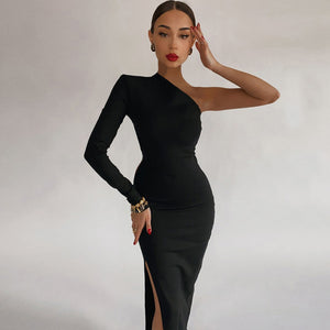 Women's Spring Shoulder One-side Split Sleeve Temperament Commute Slim Dress