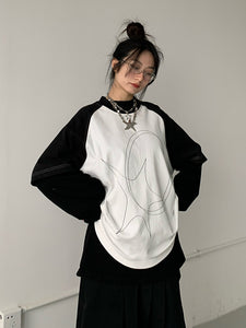 Line Print T-Shirt Short Sleeves Raglan Sleeves