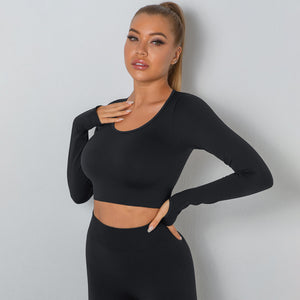Women's Tight High Elastic Sports Low Collar Seamless Tight-fitting Solid Color Long Sleeve T-shirt