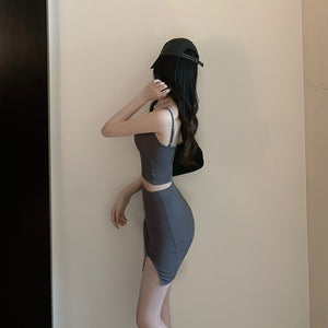 Western-style Knitted Two Piece Female Short Navel Sling Slit Bag Hip Skirt