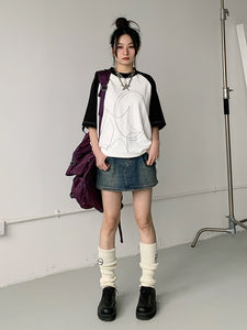 Line Print T-Shirt Short Sleeves Raglan Sleeves